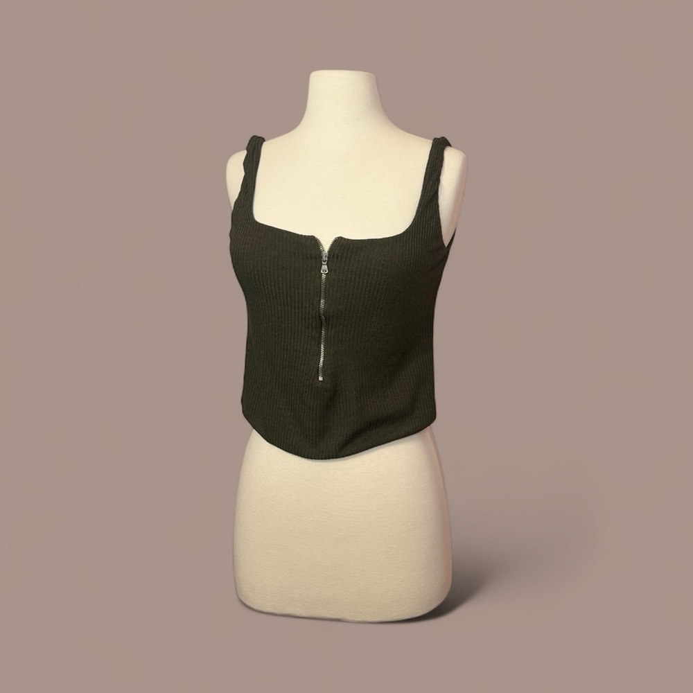 Olive Green Ribbed Zip-Up Tank Top